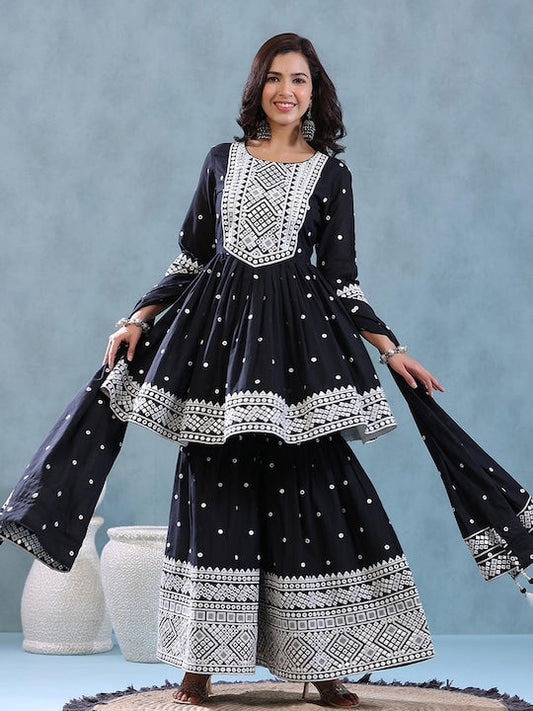 Scakhi Ethnic Motifs Embroidered Mirror Work Pure Cotton Kurti with Sharara & Dupatta - XL