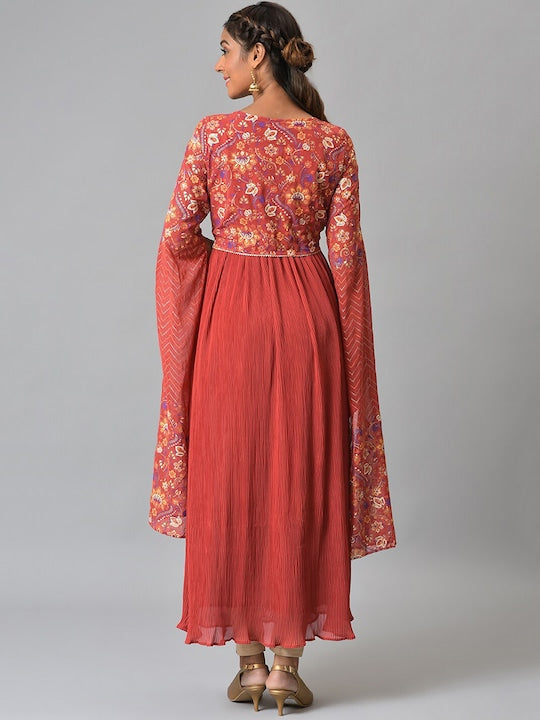 Aurelia Women Red & Gold Floral Printed Anarkali Kurta