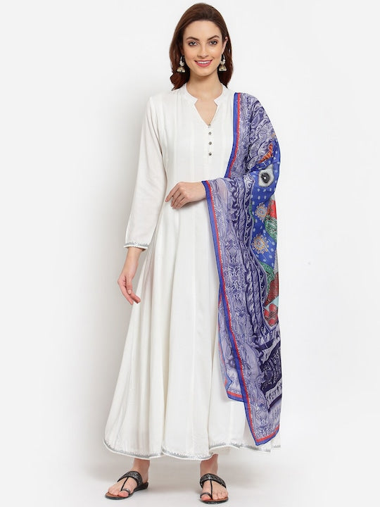 Myshka Women White Anarkali Kurta With Dupatta