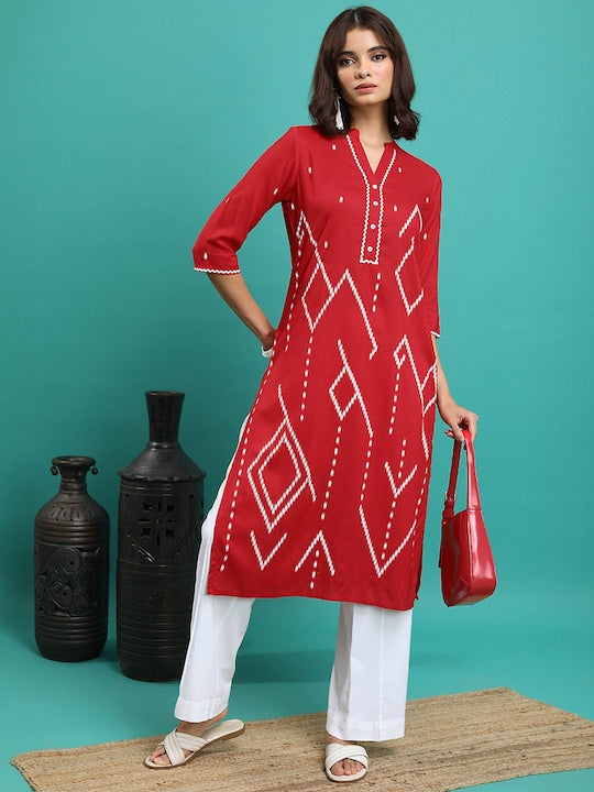 Vishudh Red Geometric Printed Mandarin Collar Straight Kurta