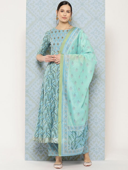 Yufta Women Ethnic Motifs Printed Regular Pure Cotton Kurta with Trousers & With Dupatta