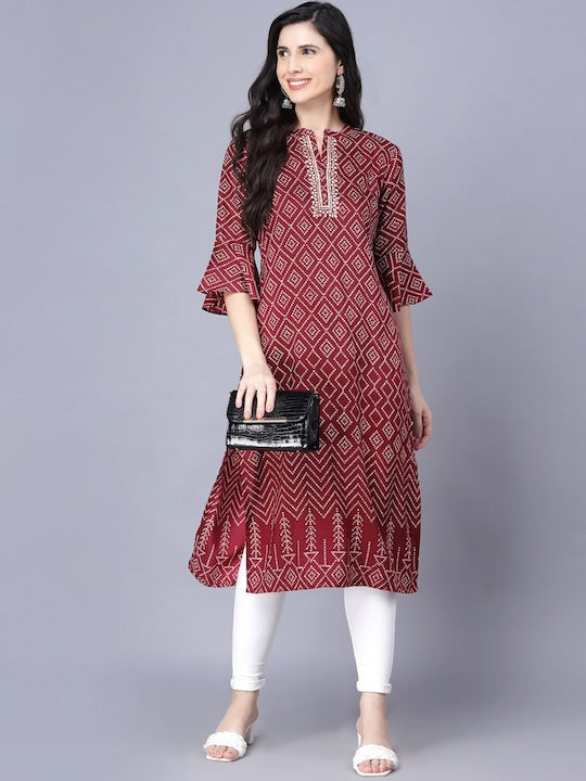 Myshka Women Maroon & White Ethnic Motifs Printed Flared Sleeves Kurta