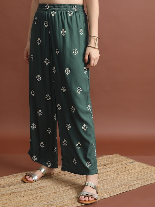 Vishudh Olive Green Striped Shoulder Straps Straight Kurta with Palazzos