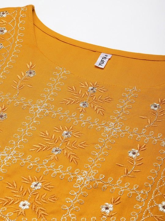 Yufta Women Mustard Yellow Ethnic Motifs Yoke Design Thread Work Kurta