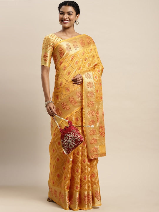 Satrani Women Yellow Geometric Woven Design Organza Kanjeevaram Saree