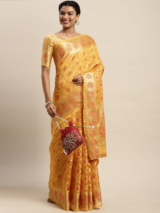 Satrani Women Yellow Geometric Woven Design Organza Kanjeevaram Saree