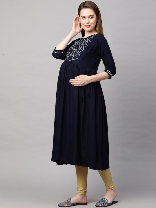 MomToBe Women Navy Blue Yoke Design Mirror Work Maternity Nursing Anarkali Kurta