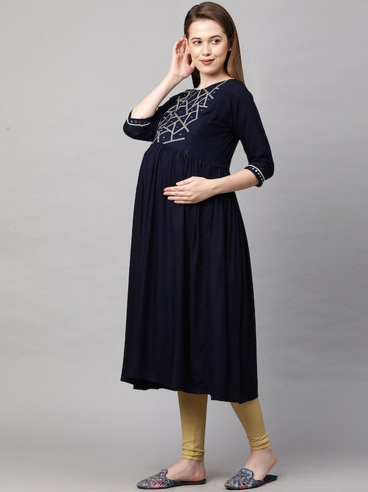 MomToBe Women Navy Blue Yoke Design Mirror Work Maternity Nursing Anarkali Kurta