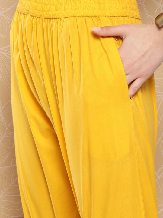 Yufta Ethnic Motifs Printed Thread Work Detail Cotton A-Line Kurta with Trousers & Dupatta