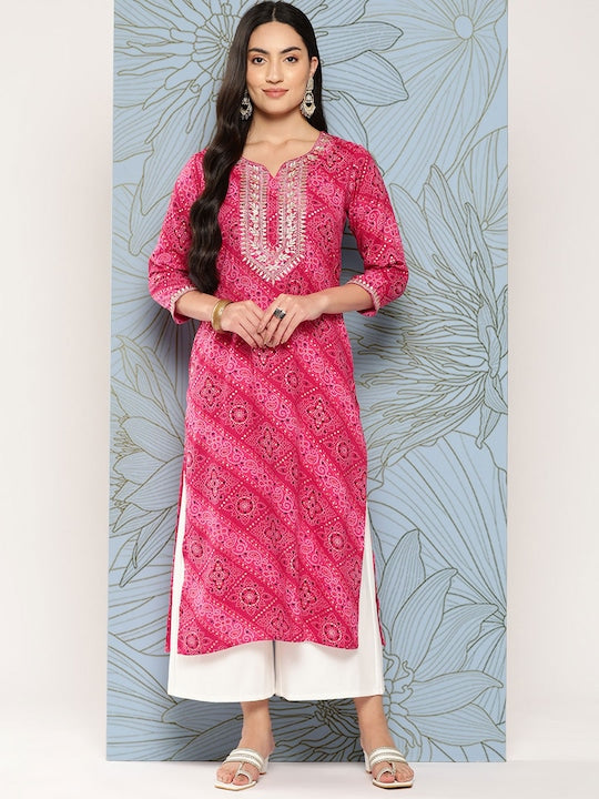 Yufta Bandhani Printed Gotta Patti Kurta Pink