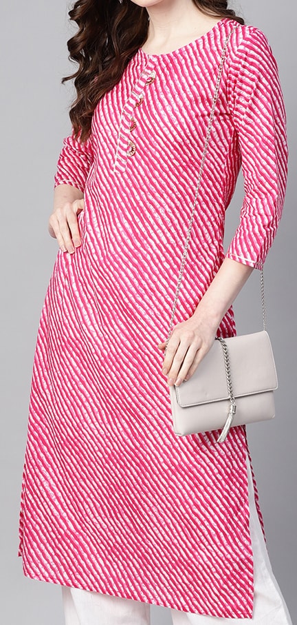 Yufta Women Pink & White Leheriya Print Straight Kurta Pink