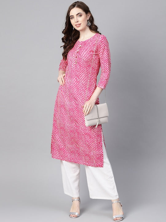 Yufta Women Pink & White Leheriya Print Straight Kurta Pink