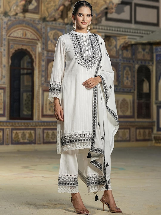 Scakhi Floral Embroidered Regular Pure Cotton Kurta with Palazzos & Dupatta