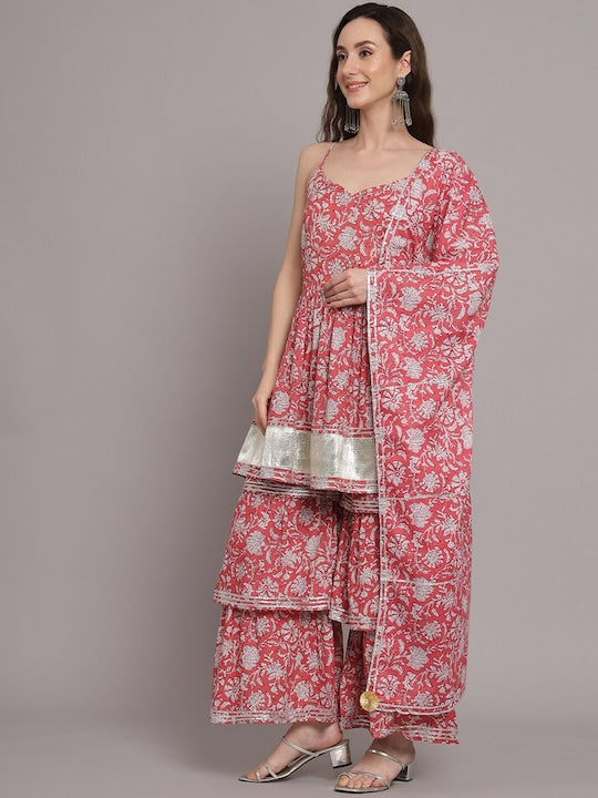 Myshka Floral Printed Anarkali Pure Cotton Kurta with Sharara & Dupatta