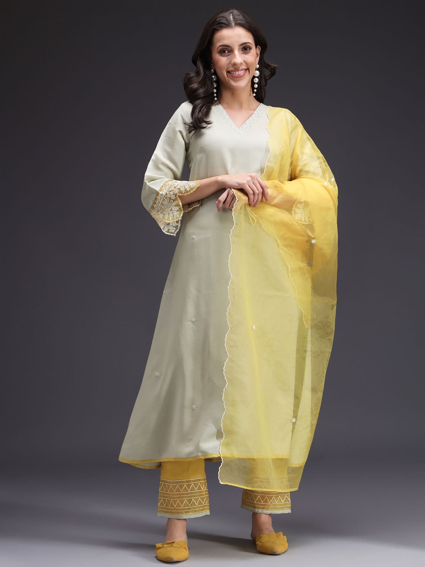 Heeposh Pale Lime Green Embroidered Kurta with Pant & Dupatta (Set of 3)