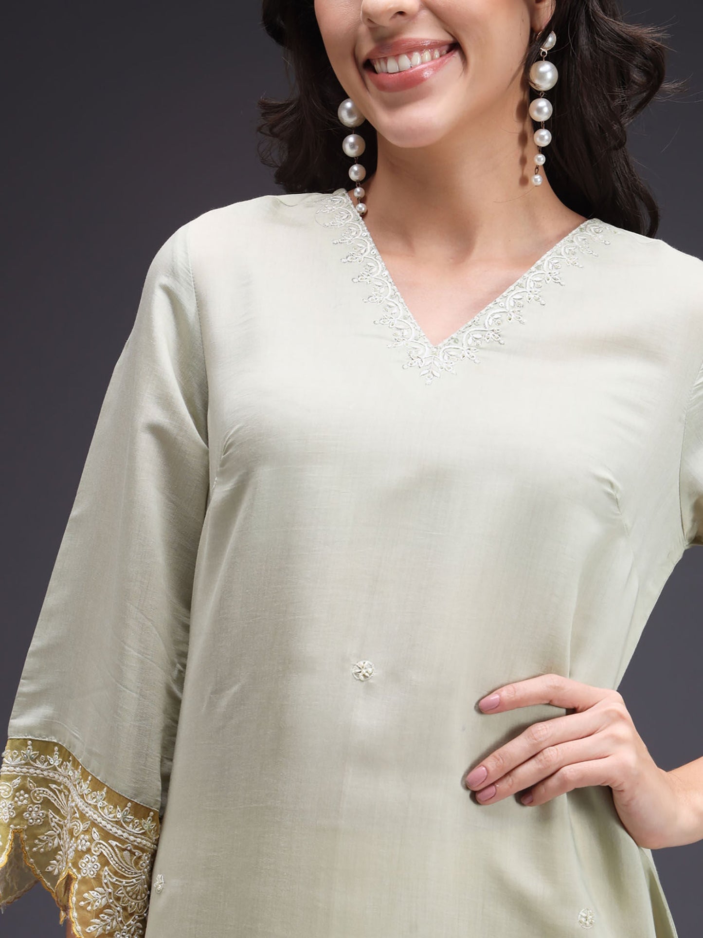 Heeposh Pale Lime Green Embroidered Kurta with Pant & Dupatta (Set of 3)