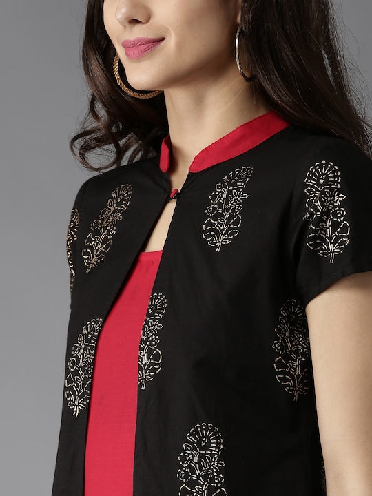 Here&now Women Black & Red Printed Layered A-Line Kurta