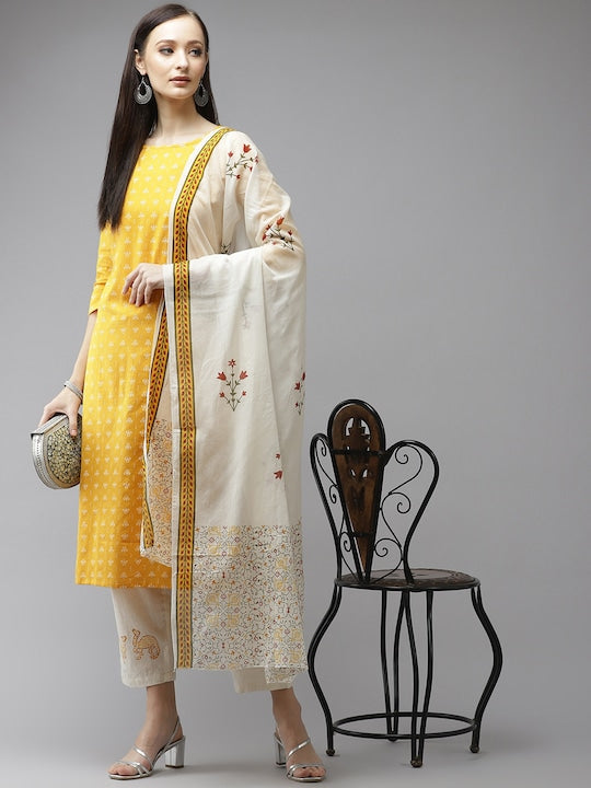 Yufta Women Mustard Yellow Ethnic Motifs Printed Regular Pure Cotton Kurta with Trousers & With Dupatta