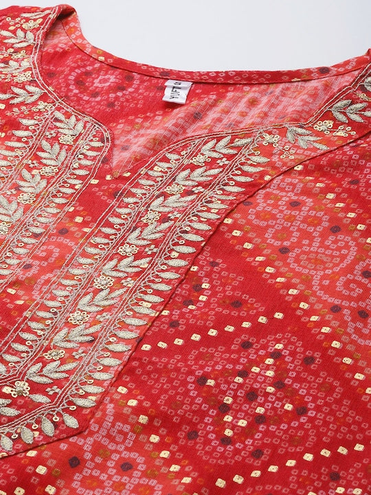 Yufta Women Red Bandhani Printed Gotta Patti Kurta