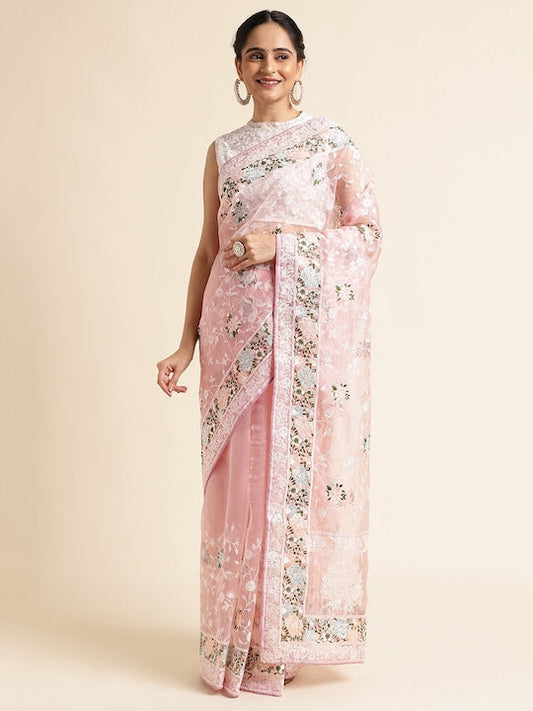 Fabmora Ethnic Motifs Embroidered Organza Saree