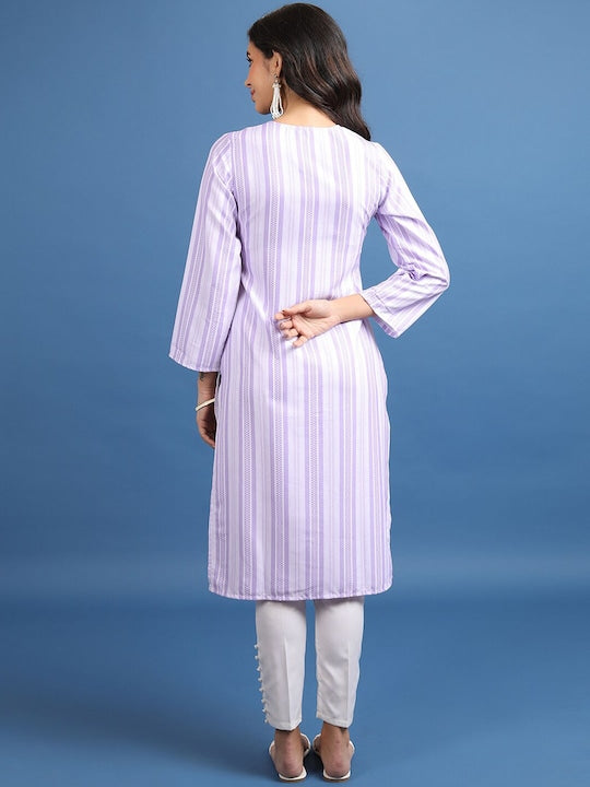 Vishudh Striped Thread Work V-Neck Straight Kurta