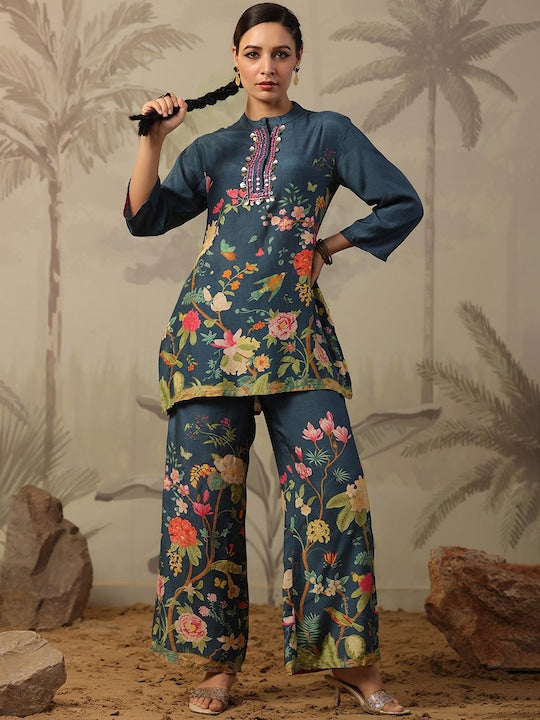 Scakhi Floral Printed Mandarin Collar Thread Work A-Line Kurti & Palazzo