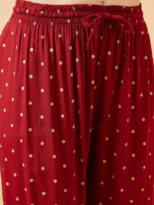 Sangria Polka Dots Printed Gotta Patti A-Line Kurta With Sharara & Dupatta