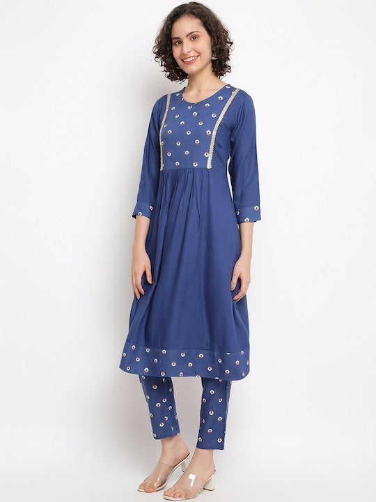 IMARA Floral Printed Keyhole Neck Gotta Patti Pleated A-Line Kurta with Trousers