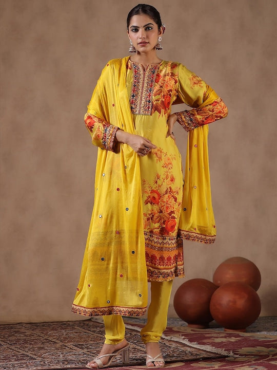Scakhi Floral Printed Mirror Work Satin Kurta with Churidar & Dupatta
