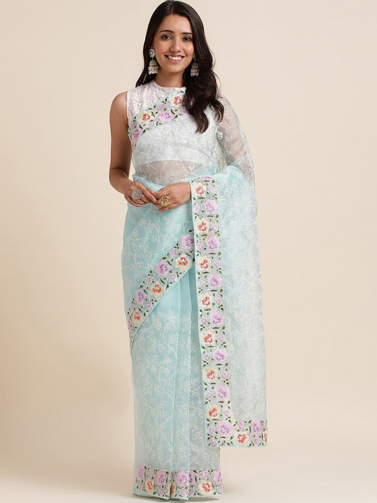 Fabmora Ethnic Motifs Embroidered Organza Saree
