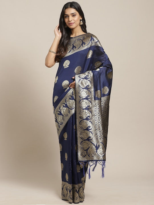 Saree mall Navy Blue & Golden Woven Design Banarasi Saree