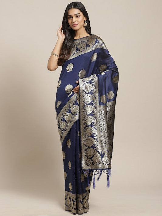 Saree mall Navy Blue & Golden Woven Design Banarasi Saree