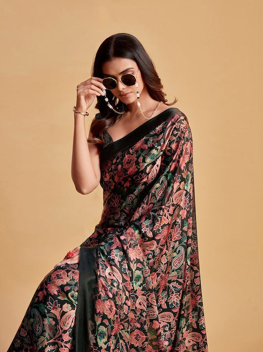 Sangria Charcoal & Pink Floral Printed Satin Saree