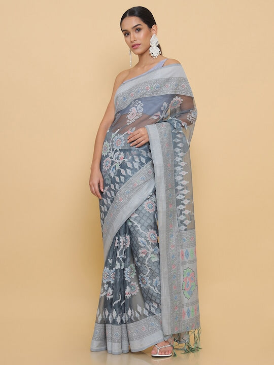 Soch Women Grey & Pink Floral Zari Pure Chiffon Fusion Saree