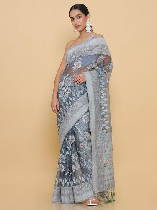 Soch Women Grey & Pink Floral Zari Pure Chiffon Fusion Saree
