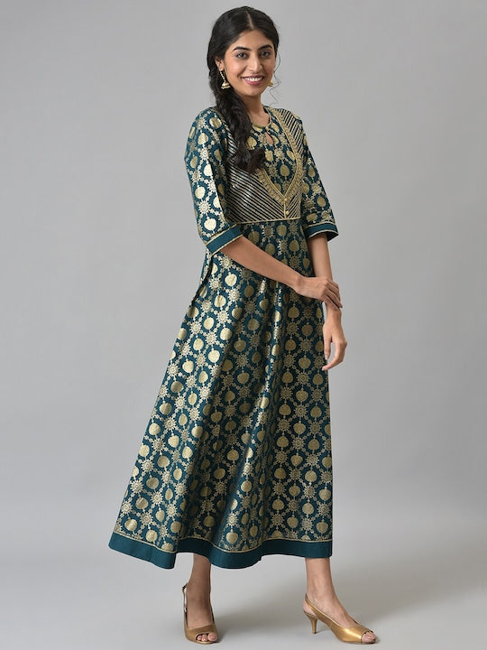 Aurelia Green Ethnic Motifs Cotton Maxi Dress