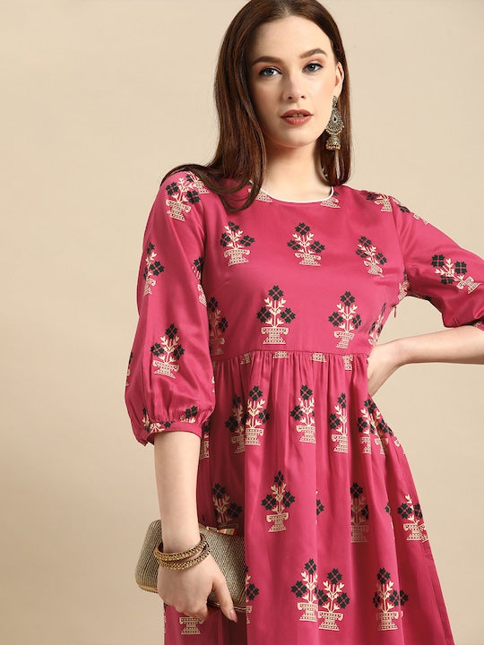 All about you Pink & Green Floral Printed Puff Sleeves Gathered A-Line Midi Dress