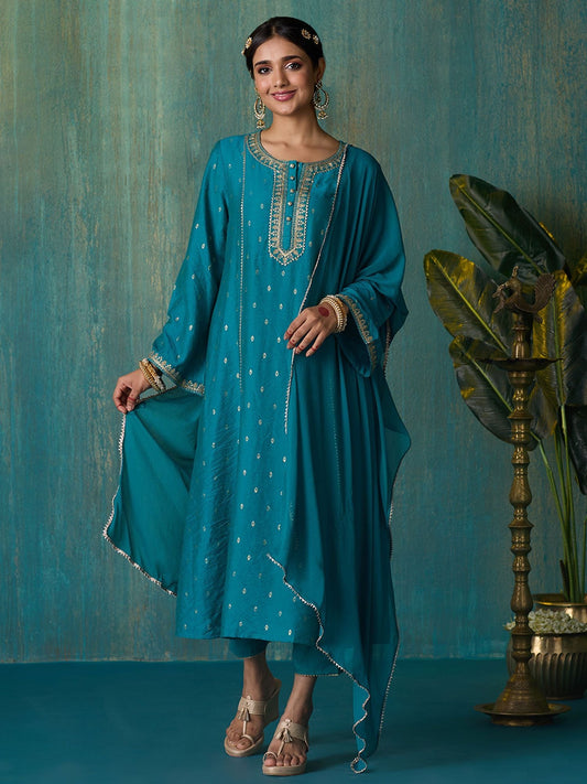 Likha Teal Blue Tyohar Golden Foil Printed Kurta Pant & Dupatta LIKSKD272 (Set of 3)