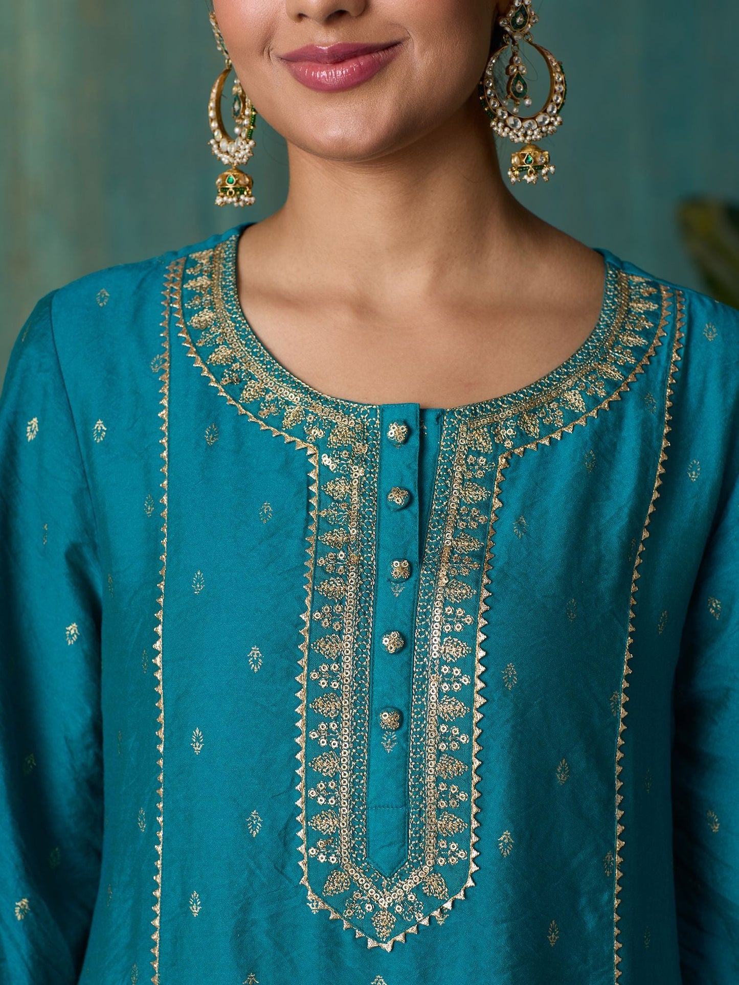 Likha Teal Blue Tyohar Golden Foil Printed Kurta Pant & Dupatta LIKSKD272 (Set of 3)