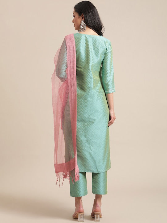Varanga Women Sea Green Woven Design Kurta with Trousers & With Dupatta