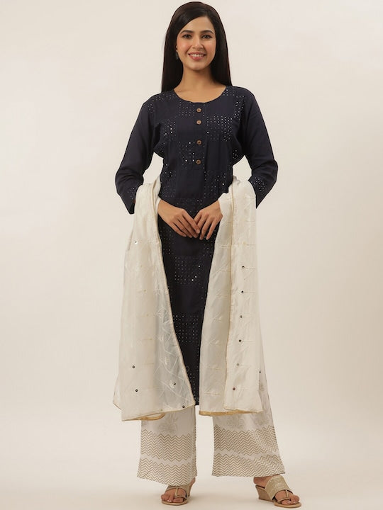 Yufta Women Navy Blue Floral Embroidered Panelled Sequinned Kurti with Trousers & With Dupatta