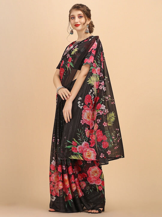 Sangria Black Floral Sequinned Satin Saree