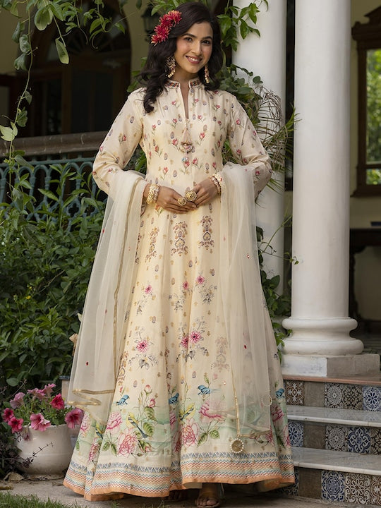 Scakhi Dola Silk Floral Printed Anarkali Gown With Net Embroidered Dupatta