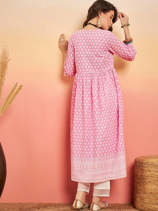 Sangria Pink Floral Embroidered V-Neck Cotton Pleated A-Line Kurta