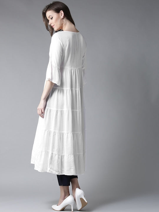 Here&now Women White Yoke Design Anarkali Kurta
