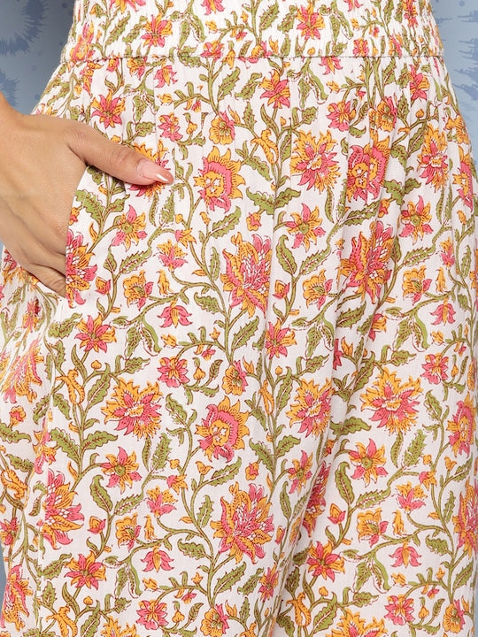 Yufta Floral Printed Regular Pure Cotton Kurta with Trousers & With Dupatta White