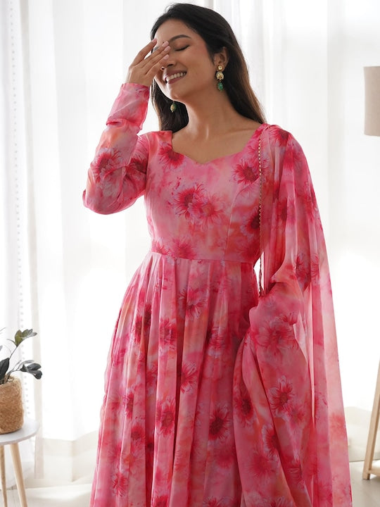 Fusionic Floral Printed V-Neck Anarkali Silk Kurta With Trousers & Dupatta