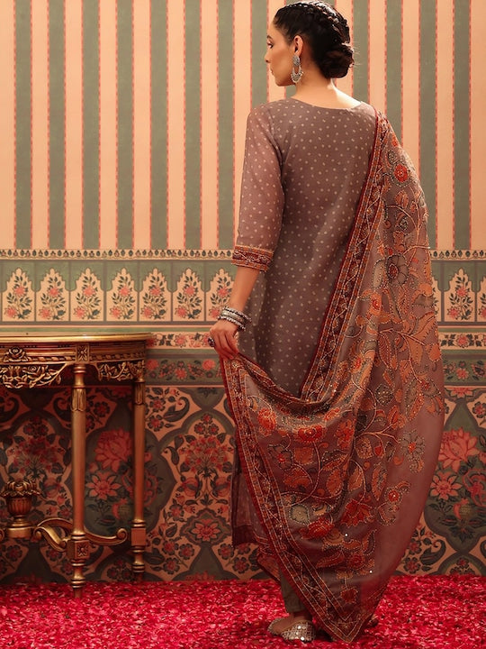 Scakhi Ethnic Motifs Printed Kantha Work Chanderi Silk Kurta With Trousers & Dupatta