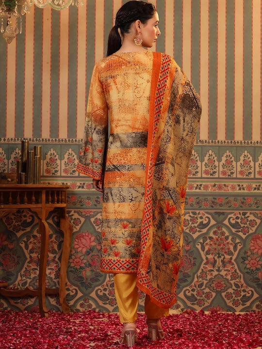 Scakhi Floral Printed Regular Silk Crepe Kurta with Trousers & With Dupatta