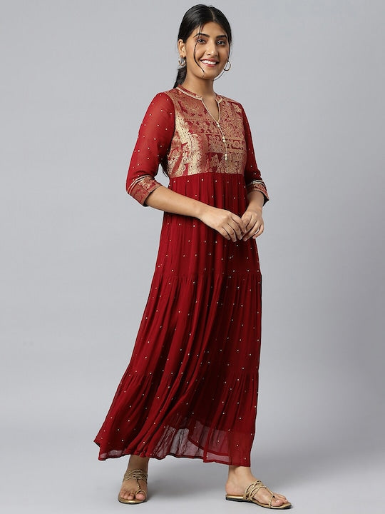Aurelia Maroon & Gold Printed Ethnic Motifs Maxi Dress